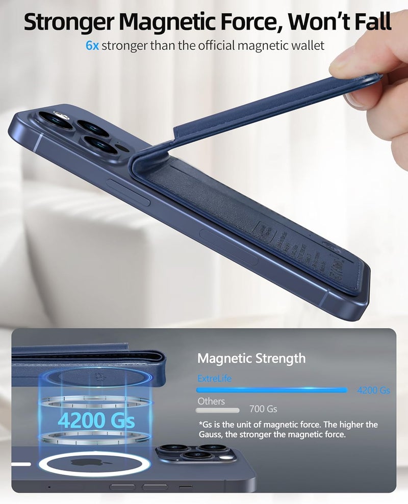 ExtreLife for Magsafe Wallet, Works with Apple Find My, Strongest Magnetic Wallet for iPhone 17/16/15/14/13/12 Series, Adjustable Stand, WalletTracker, 6 Cards Holder, Vegan Leather, Blue - Image 4
